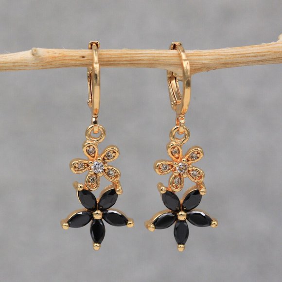18K Yellow Gold Filled Black Onyx Diamond Zircon Layered Flower Dangle Earrings - Picture 1 of 5